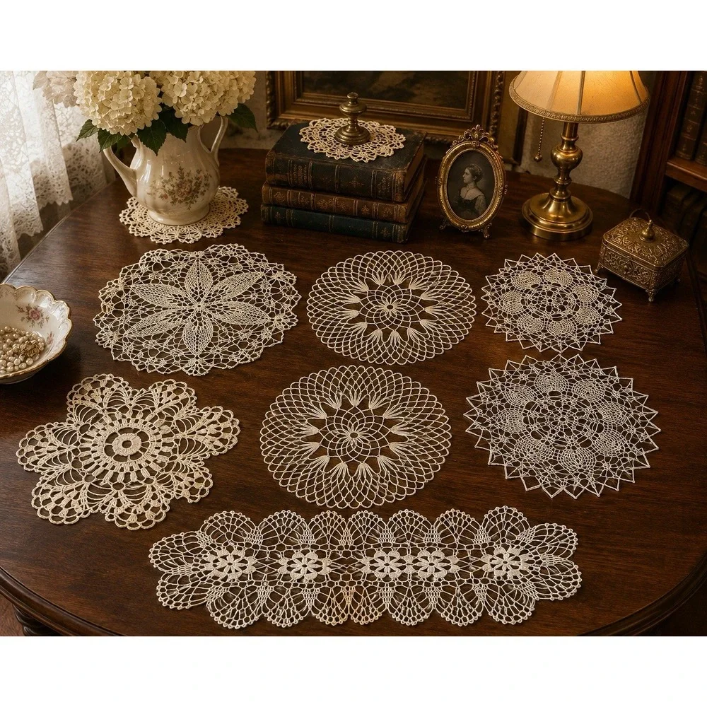 Vintage Crochet Lace Doilies Mixed Lot of 7 Handmade Floral Table Linens Ivory